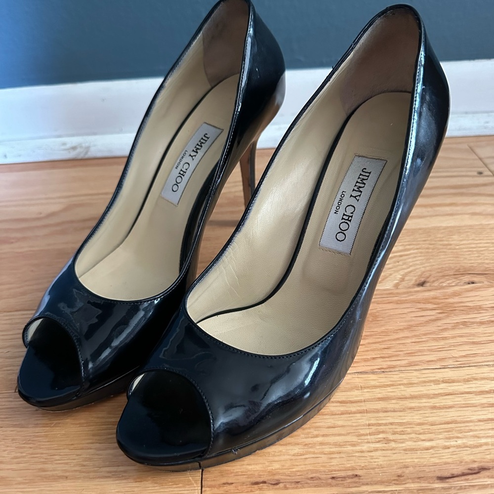 Jimmy Choo Black Patent Luna Peeptoe Heels